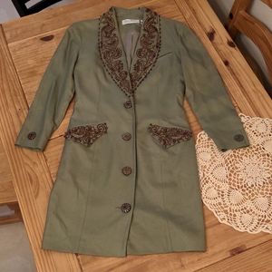 Vintage Bill Blass Olive Beaded Long Coat, Size 6